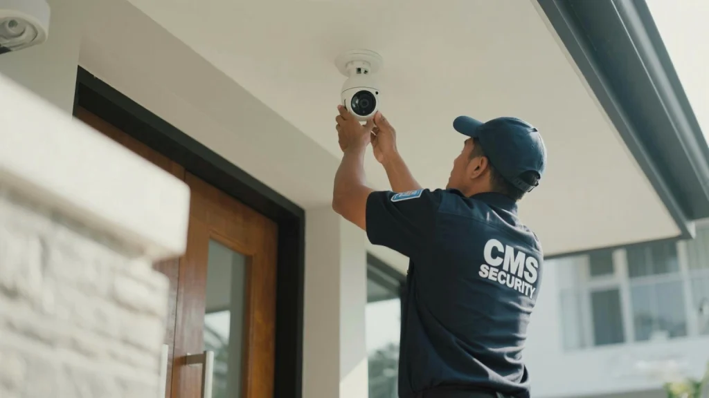 Teknisi sedang memasang kamera CCTV untuk kantor di Jakarta