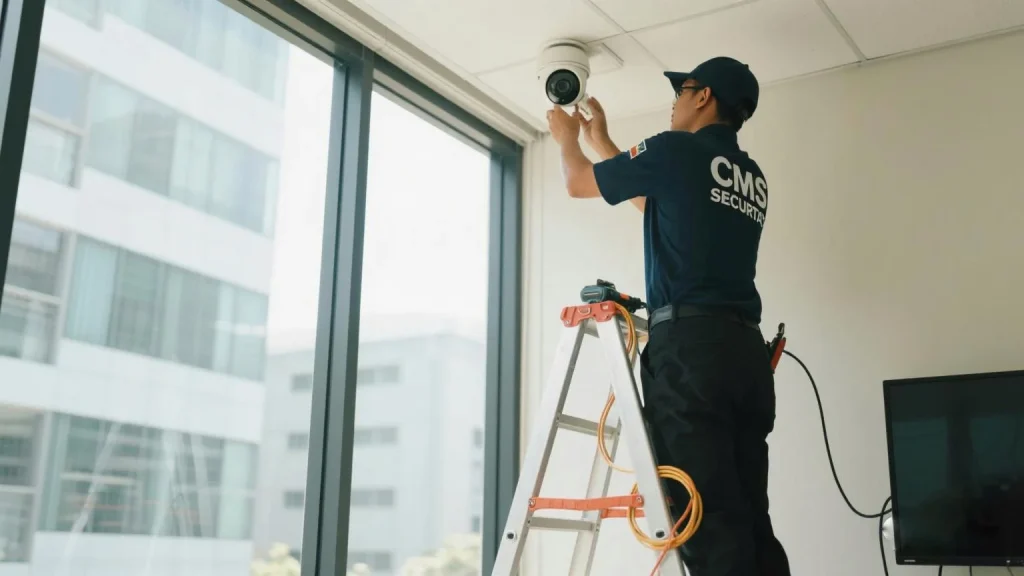 Teknisi CMS Security sedang memasang CCTV dome di sudut plafon kantor wilayah Jakarta Timur untuk meningkatkan keamanan gedung.